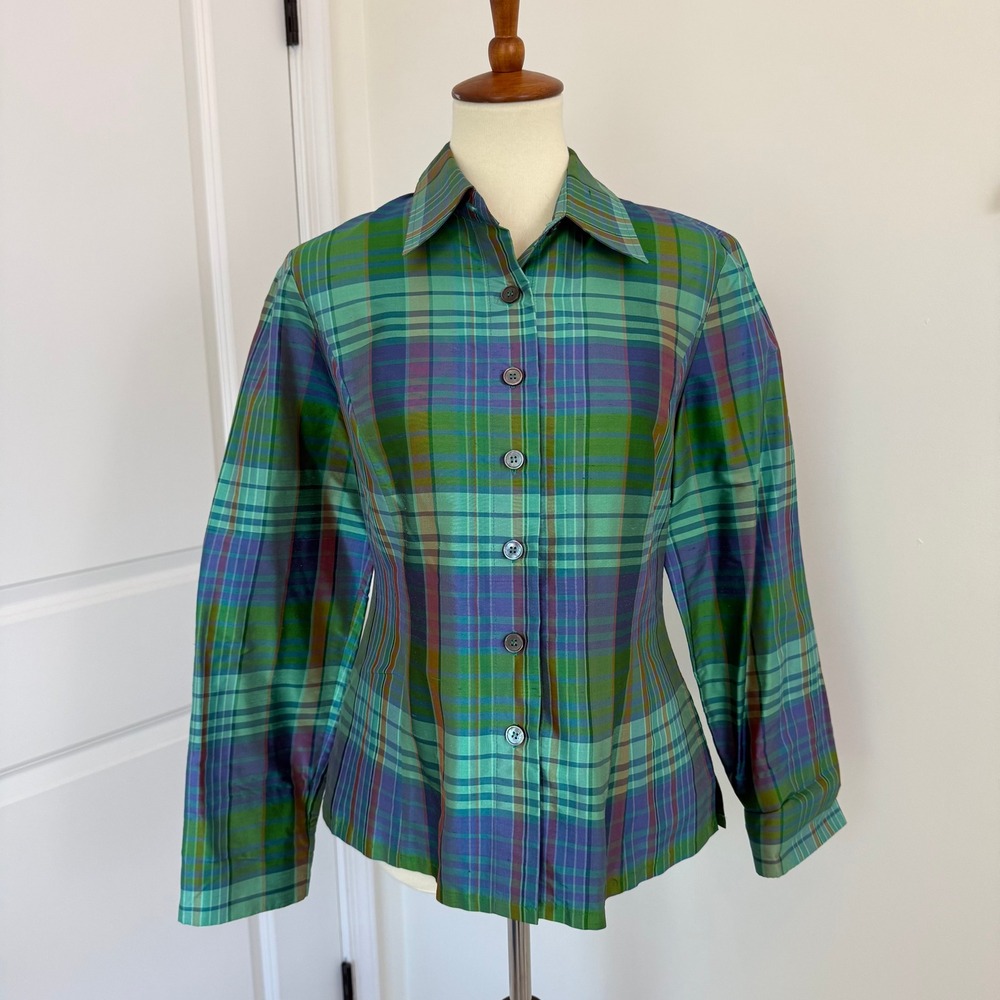 Nina McLemore Womens 8 Silk Dupioni Plaid Button Down Shirt Green Purple USA